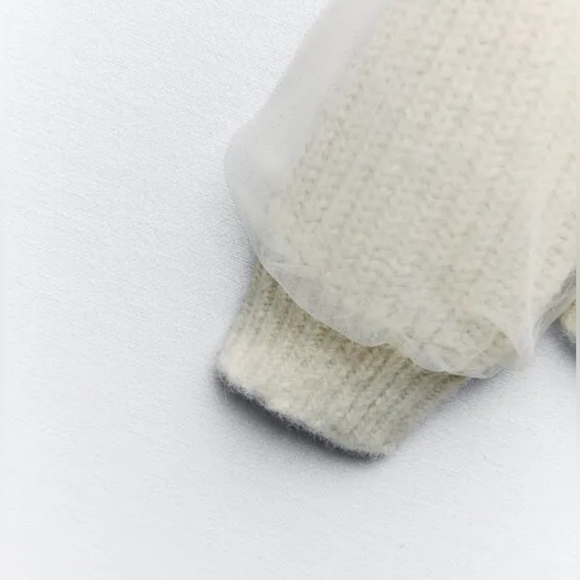 NWT ZARA Oversized Wool Blend Mixed Tulle & Pearl Knit Ecru White Sweater L - XL - Picture 7 of 7
